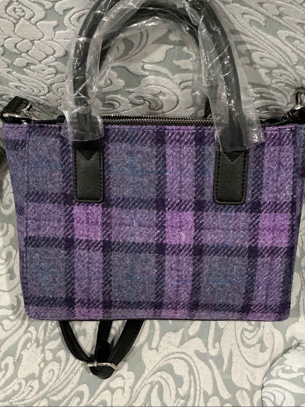 Glen Appin Purple Plaid Harris Tweed Satchel with Black Trim - Picture 4 of 6